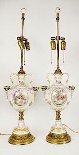 Pair of Antique KPM Porcelain Hand painted and Transferred Decorated Figural Lamps on Bronze Mounting.