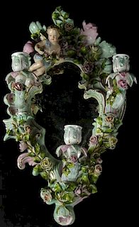 Antique Meissen Style Figural Porcelain Three (3) Light Mirrored Sconce.