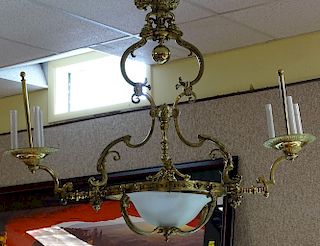 Bronze chandelier with modern elements.