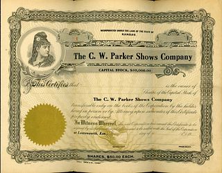 AN ENGRAVED C.W. PARKER SHOWS CO. STOCK CERTIFICATE