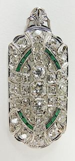 Lady's Art Deco approx. 2.0 carat diamond, emerald and platinum pendant/brooch.