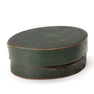 A 19TH C. PRIMITIVE OVAL PANTRY BOX IN OLD GREEN PAINT