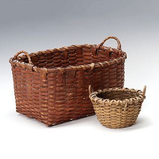 TWO GOOD CIRCA 1900 SPLINT BASKETS, ONE IN RED STAIN