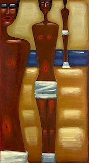 Attributed to: Jerzy Nowosielski, Polish (1923-2011) circa 1975 oil on canvas, Interior with Nudes.