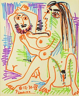 after: Pablo Picasso, Spanish (1881-1973) color lithograph, Male and Female Nudes.
