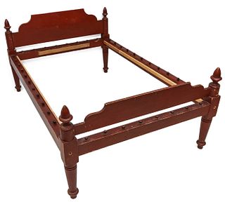 AN EARLY 19TH C. AMERICAN ROPE BED IN OLD RED STAIN