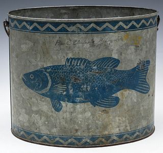 A VINTAGE MINNOW BUCKET WITH FISH AND GRAPHICS IN BLUE