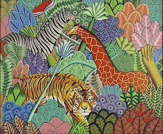 F. Acelin, Haitian (20th C) Oil on Canvas. "Tiger In Jungle".