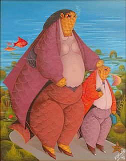 André Blaise, Haitian (1961) Oil on Canvas "Zoomorphic Aquatic Couple".