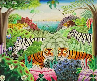 Jerome Polycarpe, Haitian (1950) Acrylic on Canvas "Jungle Animals".