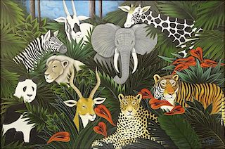 Louis Jacques, Hattian (20th C) Oil on Canvas "Jungle Animals".