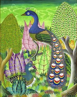 Adam Leontus, Haitian (1928-1986) Oil on Masonite. "Colorful Birds".