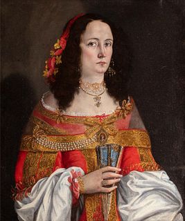 Scuola toscana, secolo XVII - Half-length portrait of a gentlewoman, with red dress and fan in her hand