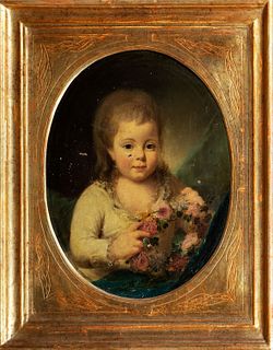 Scuola francese, secolo XIX - Portrait of little girl with flowers in her hand