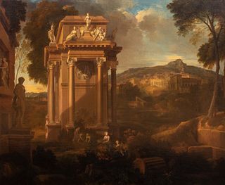 Scuola romana, inizi secolo XVIII - Arcadian landscape with classical ruins