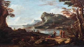 Atelier di Salvator Rosa (Napoli 1615 – Roma 1673) - River landscape with fishermen and wayfarers