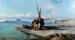 Consalvo Carelli (Napoli 1818-1910)  - View of the bay of Naples with boats and fishermen