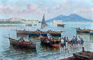 Radames Scoppa (Scuola napoletana prima metà del XIX secolo) - Naples, fishermen in Mergellina