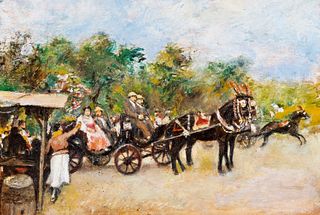 Attribuito a Vincenzo Migliaro (Napoli 1858-1938) - Carriages in the park