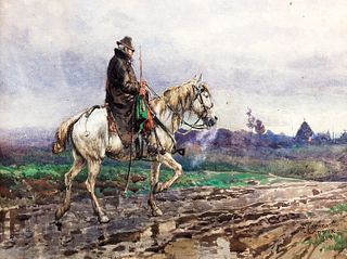 Enrico Coleman (Roma 1846-1911)  - Buttero riding near a village of huts
