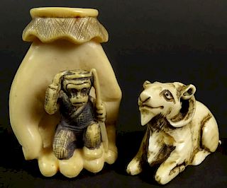 Lot of Two (2) Japanese Carved Ivory Figural Animal Netsukes.