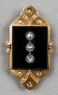 Victorian 14K Yellow Gold Diamond & Onyx Brooch