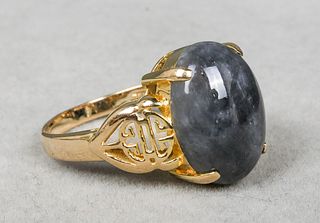14K Yellow Gold & Black Jade Asian Motif Ring