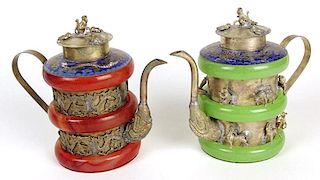 Pair of Chinese Modern Agate Banded Cloisonne and Metal Alloy Tea Pots.