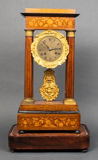 French Marquetry Inlaid Portico Clock, 19th C.