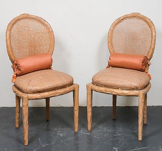 Faux Bois Caned Back Wicker Seat Side Chairs, Pr
