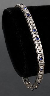 Art Deco Plat / 14K Gold Diamond Sapphire Bracelet