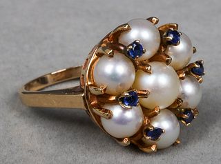 Vintage 14K Yellow Gold Pearl & Sapphire Ring