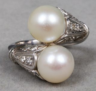 Vintage 14K White Gold Diamond & Pearl Bypass Ring