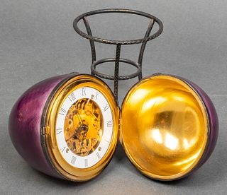 Guilloche Enamel & Brass Egg Form Clock