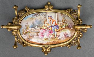 Brass Pen Tray with Hand-Painted Enamel Plaque
