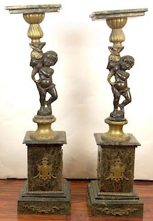 Pair Vintage Figural Cherub Bronze and Green Marble Pedestals.