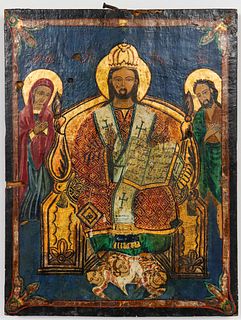 Russian Orthodox Polychrome & Gilt Icon Panel