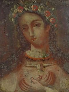 18th Century Mexican School Retalbo "Virgin" Painted on Tin, In hand Hammered Copper Frame.