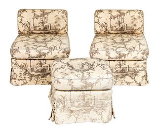 Chinoiserie Upholstered Low Chairs & Ottoman, 3