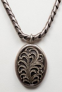 Lois Hill Silver Ornate Oval Pendant Necklace