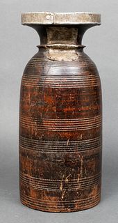 Tribal Wood Vase with Sawtooth Metal Rim