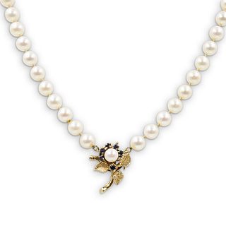 14k Gold, Sapphire and Beaded Pearl Necklace