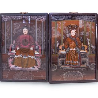 Pair Of Chinese Reverse Painted Royal Emperor & Empress