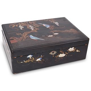 Black Lacquer Mother Of Pearl Bird & Floral Box