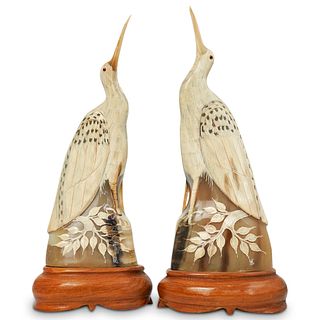 Pair Of Horn Carved Figural Birds