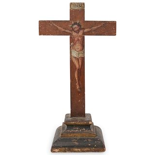 Antique "INRI" Hand Painted Wood Crucifix
