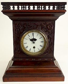 Late 19th Century Carved Wood Mantel Clock. Wood Case With Gallery Top.