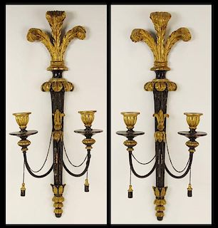 Pair of Carved Gold and Black Wood 2 Light Sconces.