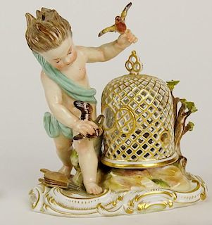 19/20th Century Meissen Porcelain Figurine "Putti With Birds and Cage"