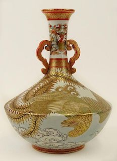 Nicely Done Vintage Japanese Satsuma Handled Vase. Dragon Motif.